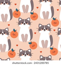 patrón sin fisuras gato de dibujos animados y naranja. ilustración de papel pintado animal lindo para papel de regalo