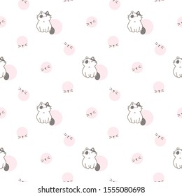 Seamless Pattern of Cartoon Cat and Pastel Pink Dot Design on White Background