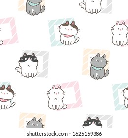Seamless Pattern of Cartoon Cat and Pastel Square Design on White Background