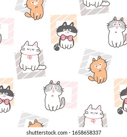 Seamless Pattern of Cartoon Cat and Pastel Square Design on White Background