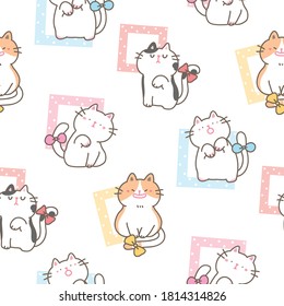Seamless Pattern of Cartoon Cat and Pastel Square Design on White Background