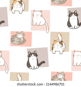 Seamless Pattern with Cartoon Cat  and Pastel Square Design on White Background