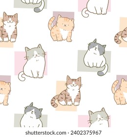 Seamless Pattern of Cartoon Cat and Pastel Square Design on White Background