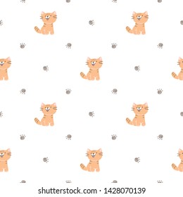 Seamless Pattern with Cartoon Cat and Paw Design on White Background