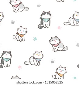 Seamless Pattern of Cartoon Cat and Paw Design on White Background