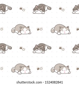 Seamless Pattern of Cartoon Cat and Paw Design on White Background with Pink Dots