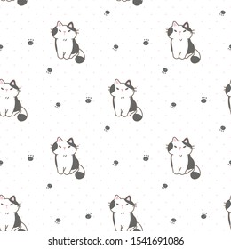 Seamless Pattern of Cartoon Cat and Paw Design on White Background with Pink Dots