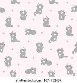 Seamless Pattern of Cartoon Cat and Paw Design on Light Pink Background