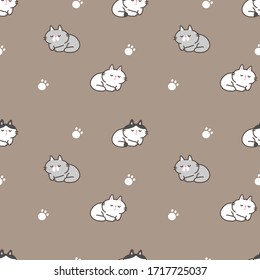 Nahtlose Muster von Cartoon Cat and Paw Design auf braunem Hintergrund