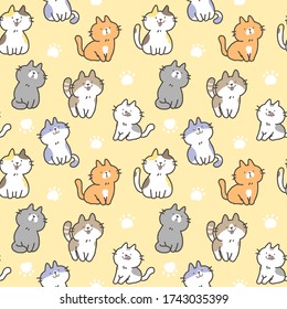 Seamless Pattern of Cartoon Cat and Paw Design on Yellow Background