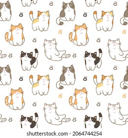 Seamless Pattern of Cartoon Cat and Paw Design on White Background