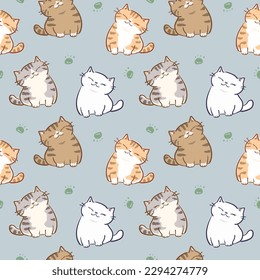 Nahtloses Muster mit Cartoon Cat- und Paw-Design auf grauem Hintergrund