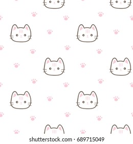 Seamless Pattern of Cartoon Cat and Paw on White Background