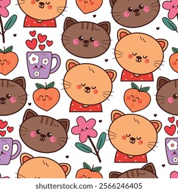 seamless pattern cartoon cat with peach and cup. cute animal wallpaper for fabric print, gift wrap paper