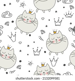 Seamless pattern with cartoon cat princesses, clouds,crowns and stars. Vector illustration drawn by hand.