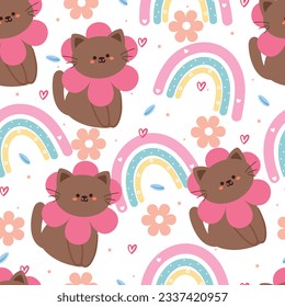 seamless pattern cartoon cat with rainbow and flower. cute animal wallpaper for textile, gift wrap paper