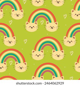 seamless pattern cartoon cat with rainbow and sky element. cute animal wallpaper illustration for gift wrap paper