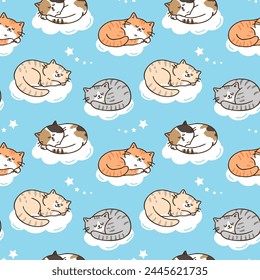 Seamless Pattern of Cartoon Cat Sleeping Design on Blue Sky Background