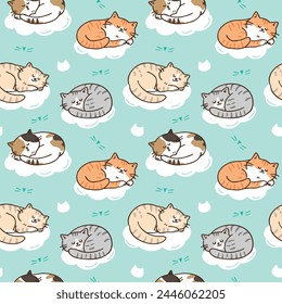 Seamless Pattern with Cartoon Cat Sleeping Design on Pastel Green Background