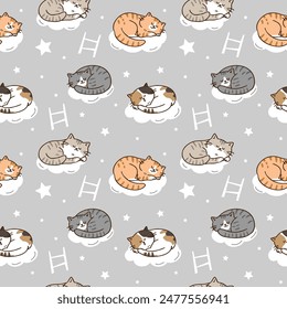 Patrón sin fisuras con diseño de sueño de gato de dibujos animados sobre fondo gris claro