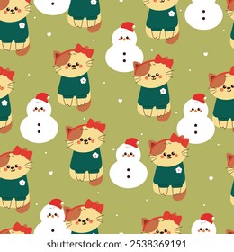 seamless pattern cartoon cat with snowman in winter day. cute animal winter wallpaper for fabric print, gift wrap paper