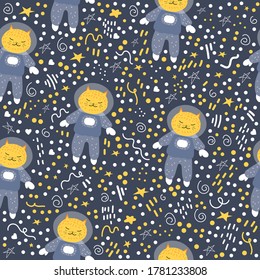 Seamless pattern with cartoon cat in space. Vector isolated illustration with cat, space, stars on a dark background. Cartoon style. Space with a pet. Cat in a space suit in the style of Cartoon.  