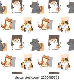 Seamless Pattern of Cartoon Cat and Square Design on White Background