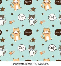 Patrón sin inconvenientes con el diseño de gatos de dibujos animados y estrellas en un fondo verde