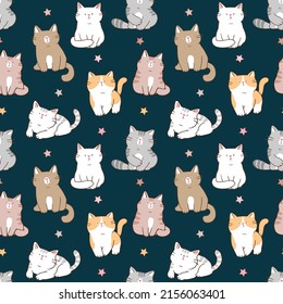 Seamless Pattern with Cartoon Cat and Star Design on Dark Blue Background