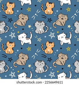 Seamless Pattern with Cartoon Cat and Star Design on Dark Blue Background