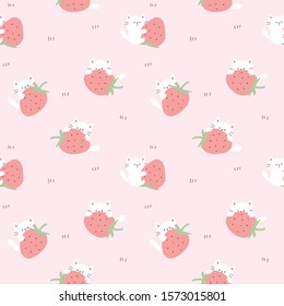 Seamless Pattern of Cartoon Cat and Strawberry Design on Light Pink Background