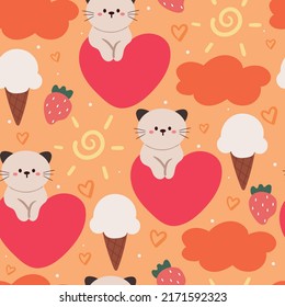 seamless pattern cartoon cat, strawberry, ice cream and orange sky. cute wallpaper for kids, cute animal drawing