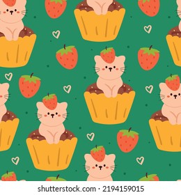 Seamless Pattern Cartoon Cat With Strawberry Cupcake. Cute Wallpaper For Gift Wrap Paper