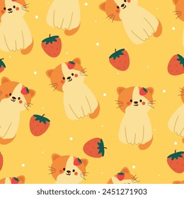 seamless pattern cartoon cat and strawberry. cute animal wallpaper illustration for gift wrap paper