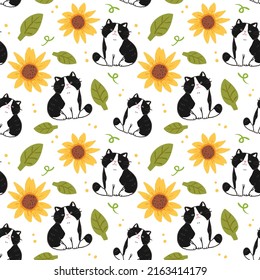 Seamless Pattern with Cartoon Cat, Sunflower and Leaf Design on White Background