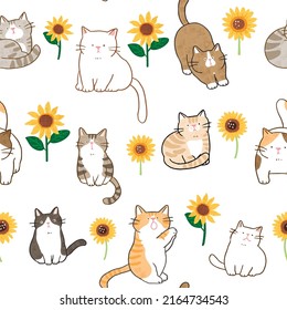 Seamless Pattern with Cartoon Cat and Sunflower Design on White Background