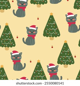 Seamless pattern cartoon cat and tree christmas. cute christmas and winter wallpaper for fabric print, gift wrap paper