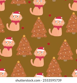 Seamless pattern cartoon cat and tree christmas. cute christmas and winter wallpaper for fabric print, gift wrap paper