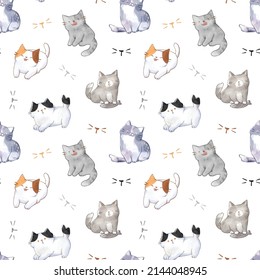 Patrón sin inconvenientes de gato de dibujos animados, acuarela pintada, diseño de fondo blanco