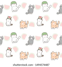 Seamless Pattern of Cartoon Cat and Watermelon Design on White Background