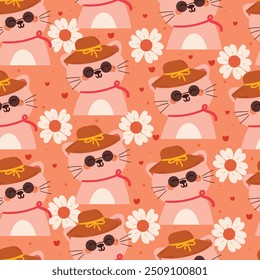 seamless pattern cartoon cat wearing sun glasses with flower. cute animal wallpaper for fabric print, gift wrap paper