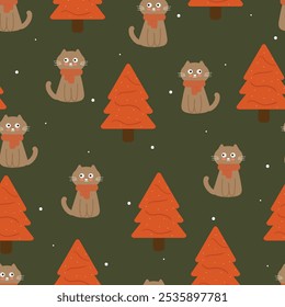 Seamless pattern cartoon cat wearing red scarf in winter day. cute animal wallpaper for fabric print, gift wrap paper