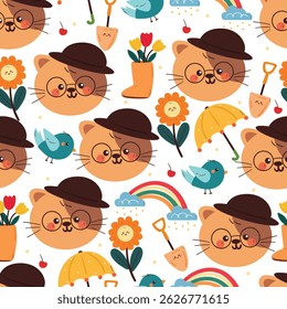 seamless pattern cartoon cat wearing hat flowers and spring stuff. cute animal pattern for wallpaper, background and gift wrap paper
