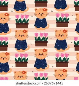 seamless pattern cartoon cat wearing blue shirt with flower pot. cute animal pattern for wallpaper, background and gift wrap paper