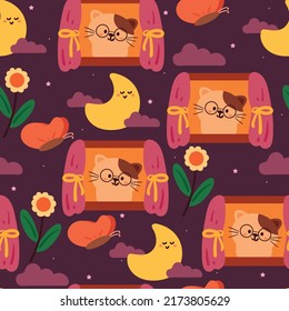 seamless pattern cartoon cat in the window with purple sky, flowers and moon. cute animal wallpaper for gift wrap paper