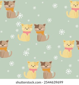 Seamless pattern cartoon cat with winter and christmas wallpaper for fabric print, gift wrap paper