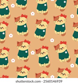 seamless pattern cartoon cat in winter day. cute animal winter wallpaper for fabric print, gift wrap paper