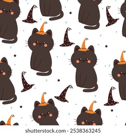 seamless pattern cartoon cat with witch hat. cute halloween wallpaper for fabric print, gift wrap paper