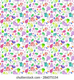 Seamless pattern with cartoon cats, birds and flowers. Hand-drawn background. Vector illustration. Real watercolor drawing.