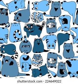 Seamless pattern with cartoon cats in blue color. Vector illustration.